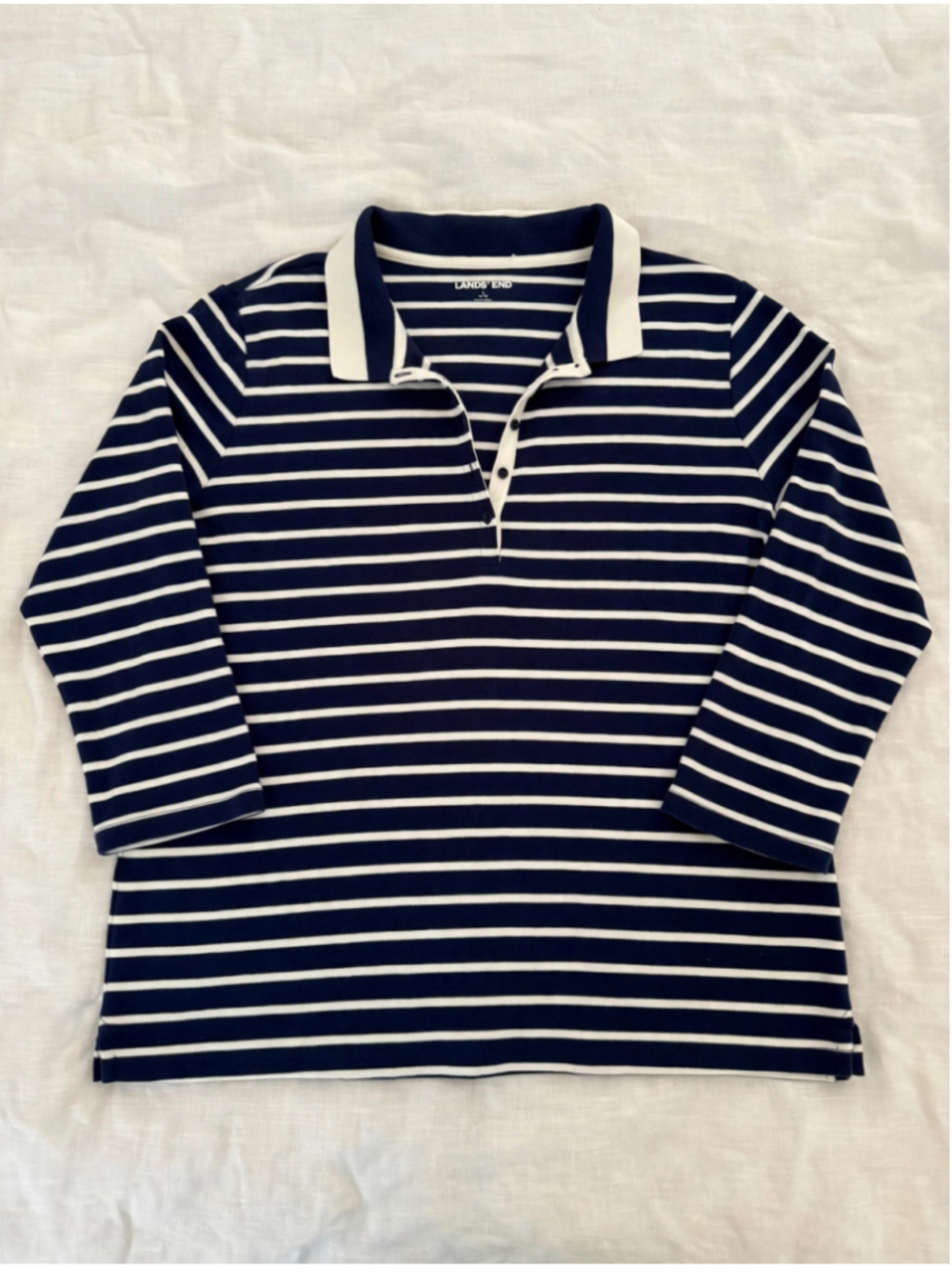 Women's Lands' End Navy Blue & White Striped Long Sleeve Polo Shirt Size L
